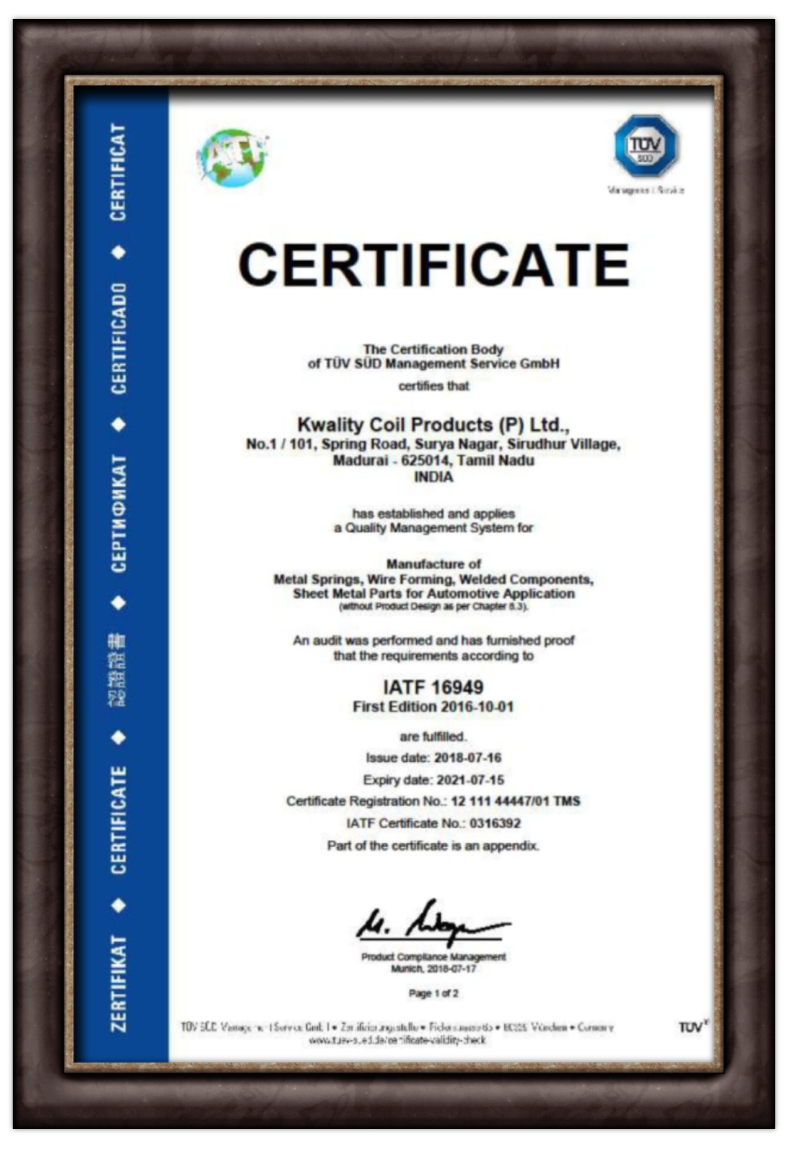 IATF 16949:2016 Quality Certificate